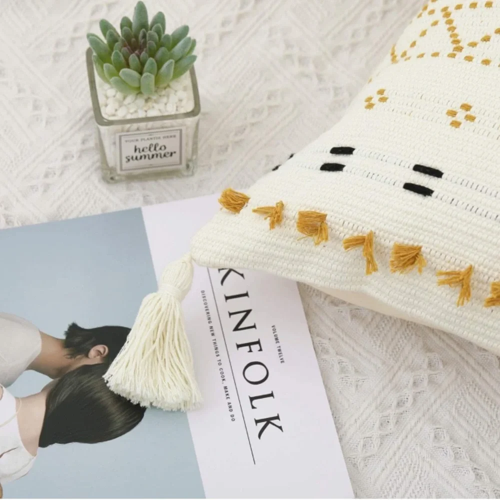 Luxury Home | Boho Chic Mustard Morroccan Tufted Woven Lumbar Throw Pillow Cover